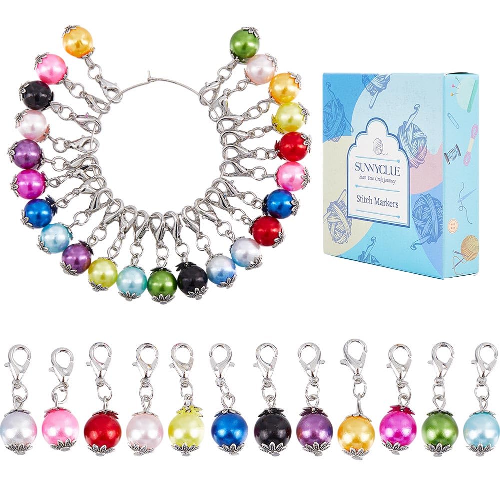 SUNNYCLUE 1 Caja 24 Piezas Marcadores de Punto de Ganchillo Marcadores de Tejer Marcadores de Tejer de Perlas Encantos de Punto de Perla de Metal con Palanca para Tejer Costura Costura Mujeres Adultos