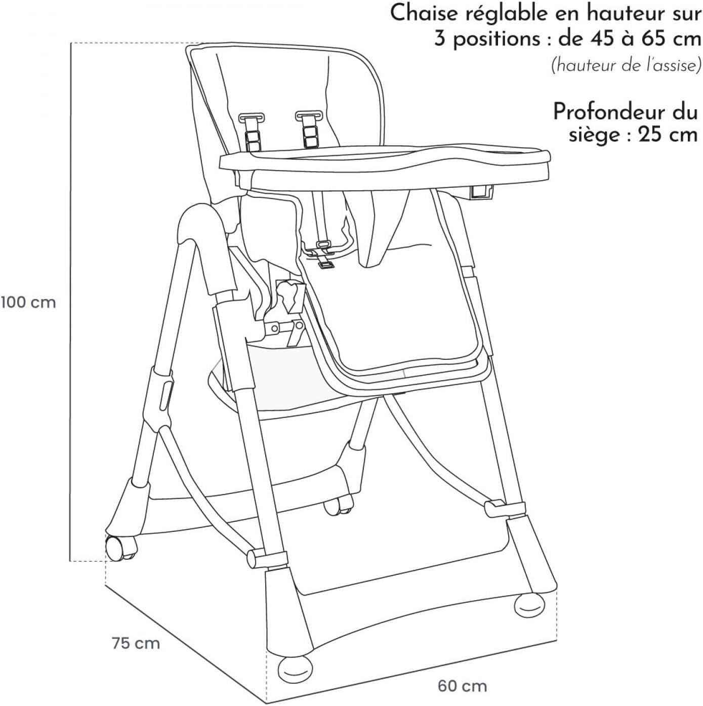 Technical drawing of the high chair with detailed dimensions: 100 cm height, 75 cm depth, 60 cm width, and 25 cm seat depth. Also indicates 3 adjustable height positions from 45 to 65 cm.
