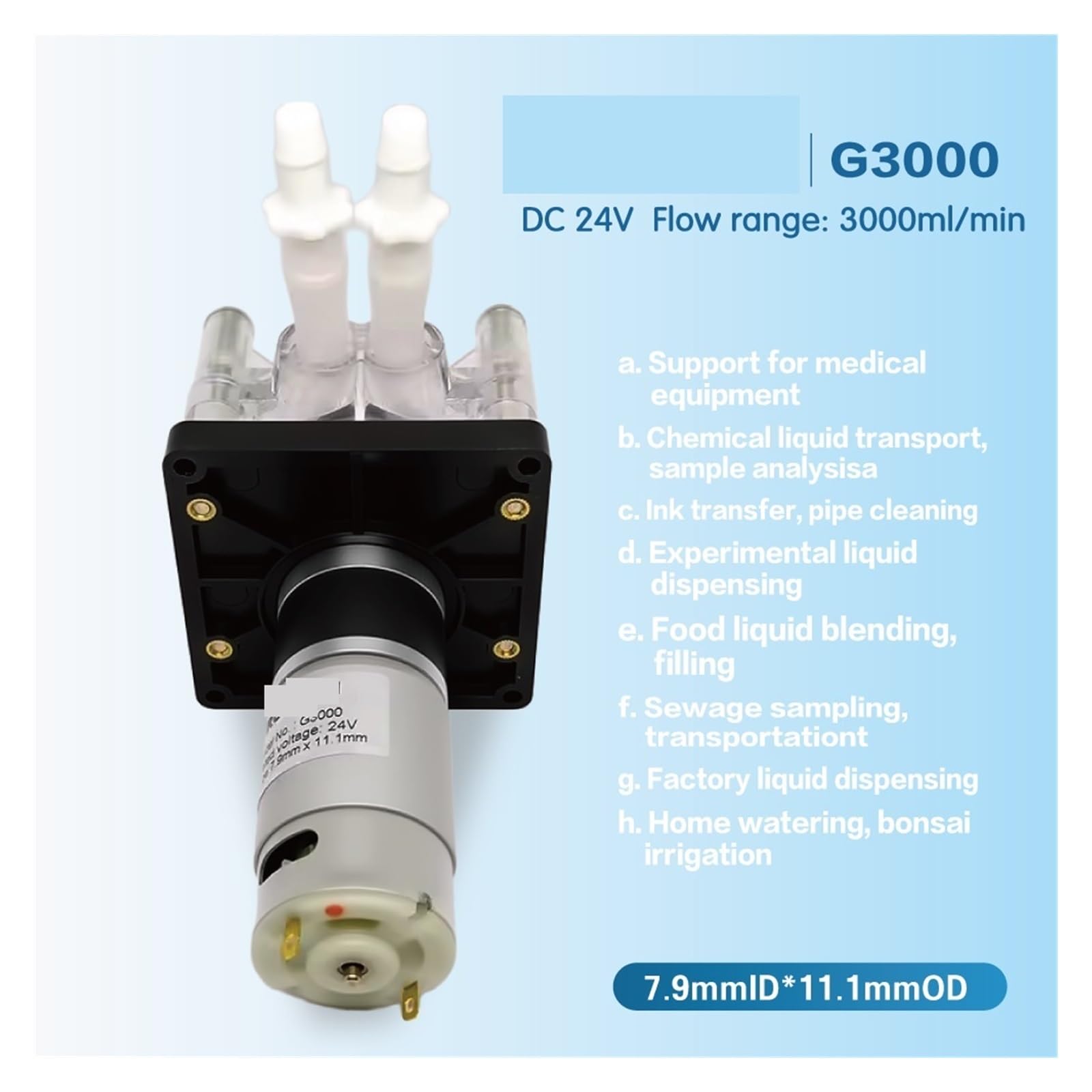 Bomba peristáltica de 24 V CC, 0,8 GPH (3000 ml/min), autocebante de alto caudal for cambio automático de agua en acuarios y transferencia de productos químicos de laboratorio.(Silicone Tube)