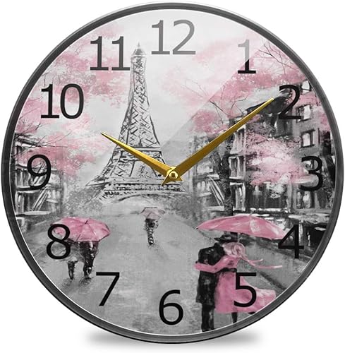 ALAZA París Torre Eiffel Pareja Rosa Floral Acrílico pintado Silencioso Reloj de pared redondo sin tictac, 12 pulgadas, funciona con pilas, reloj de