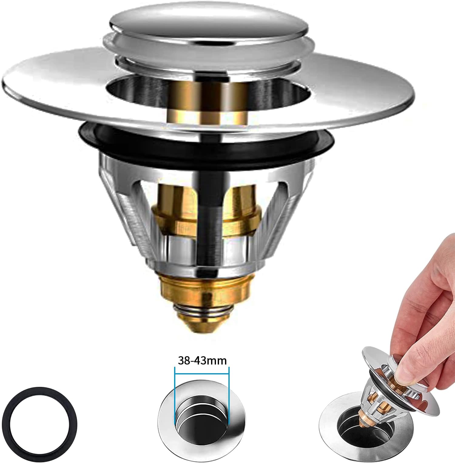 Sink Plug, Bathroom Pop Up Sink Strainer Spring Core Copper Drainer, Universal Brass Bounce Core Push Type,Bath Plug No Overflow Basin Drain Filter with Basket (38-43mm)