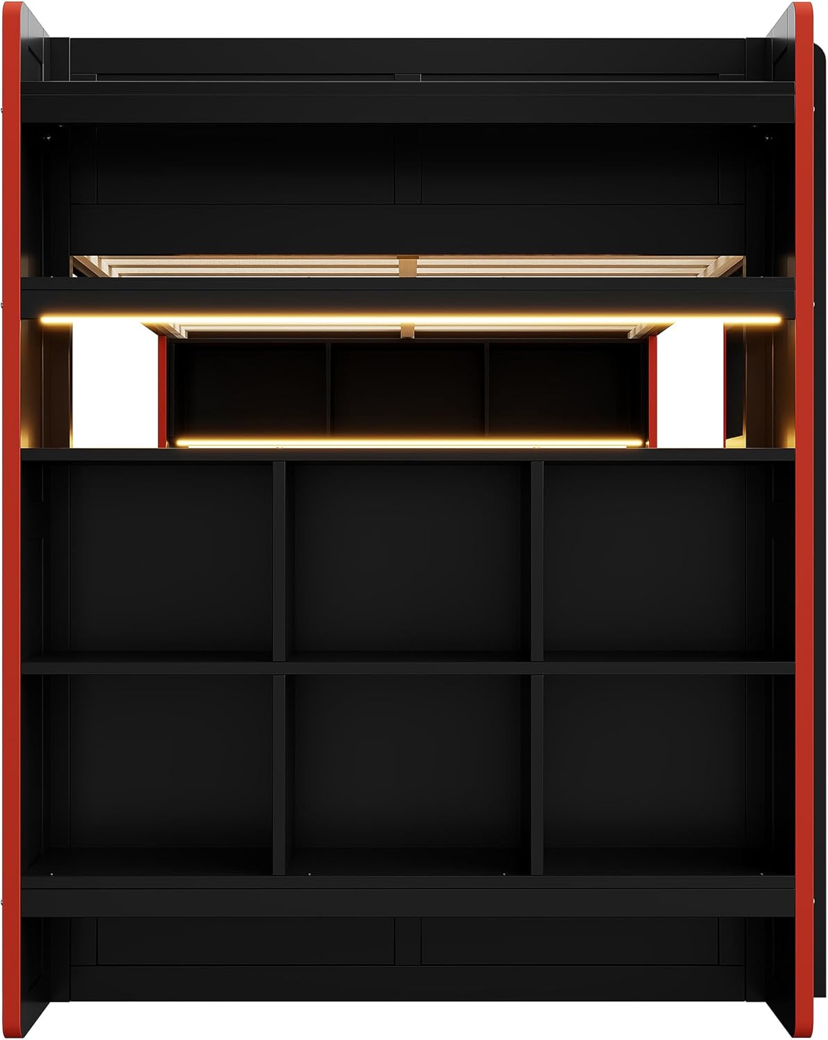 Polibi Full Size Gaming Bunk Bed with Desk, Built-in Charging Station (2 Outlets & 2 USB), LED Lights, Storage Shelves, Black Wood & MDF Frame for Teens & Adults, No Box Spring Needed