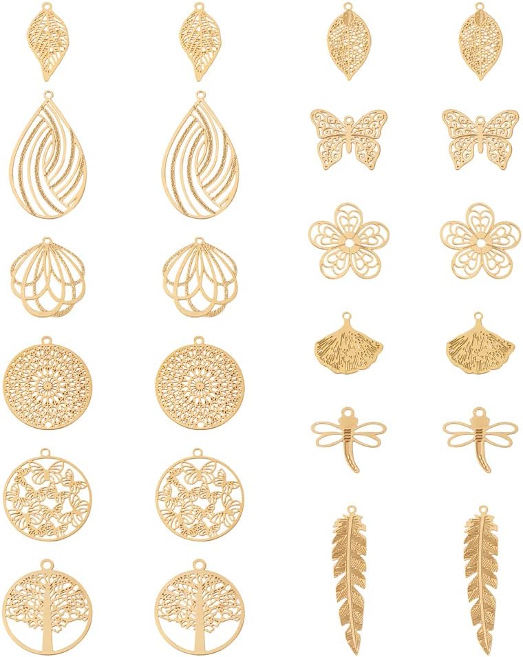 Cheriswelry 48Pcs Rack Plating 201 Stainless Steel Filigree Pendants Real 18K Gold Plated Leaf Flower Dragonfly Charms Etched Metal Embellishments 13.5-41.5mm for DIY Necklace Earring - Image 2