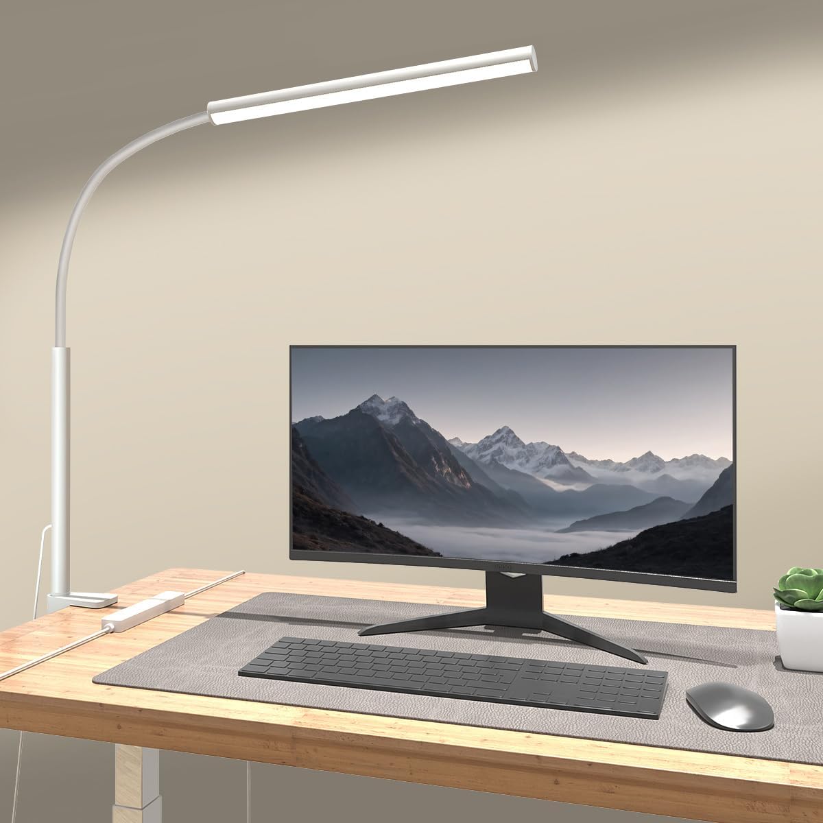 LED Desk Lamp with Clamp, Eye-Protection Clip on Desk Lamp, 5 Modes 10 Brightness Adjustment, 360°Flexible Gooseneck Lamp for Home Office, Lamps with USB Adapter，White