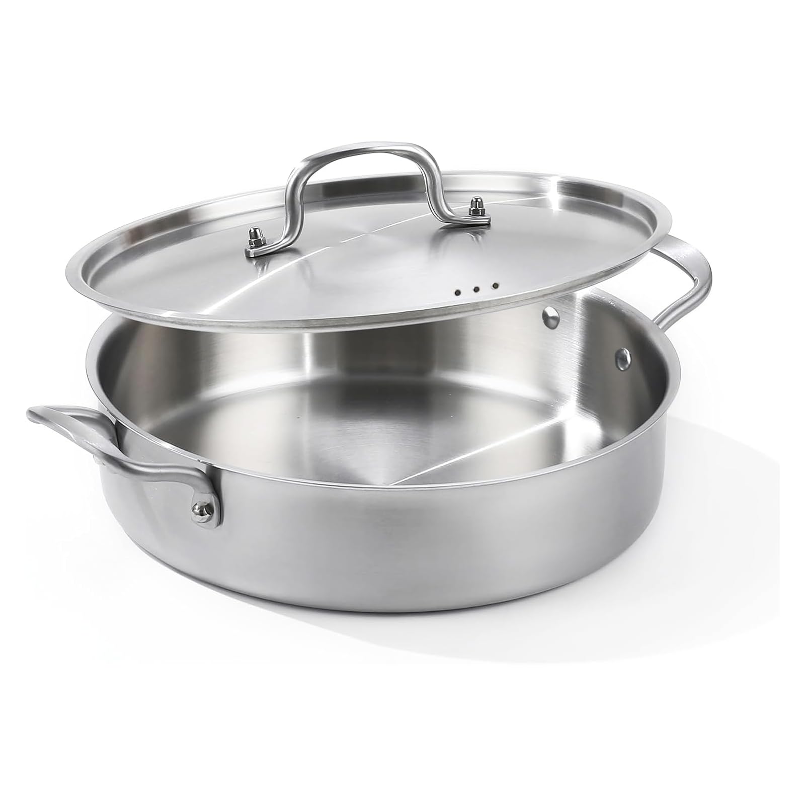 Saute Pan, 7 Quart Tri-Ply Stainless Steel Saute Pan, 12inch Deep Frying Pan with Lid, Saute Skillet, Rondeau Pot with Lid Compatible with All Cooktops Up to 600℉