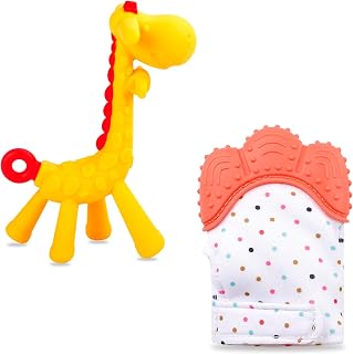 Baby Teething Toys for 0-6 Month, Tinabless Giraffe Baby Chew Toy and Teething Mitten Set, Silicone Teethers for Babies 6-12 Months, Christmas Stocking Stuffers for Boys&Girls