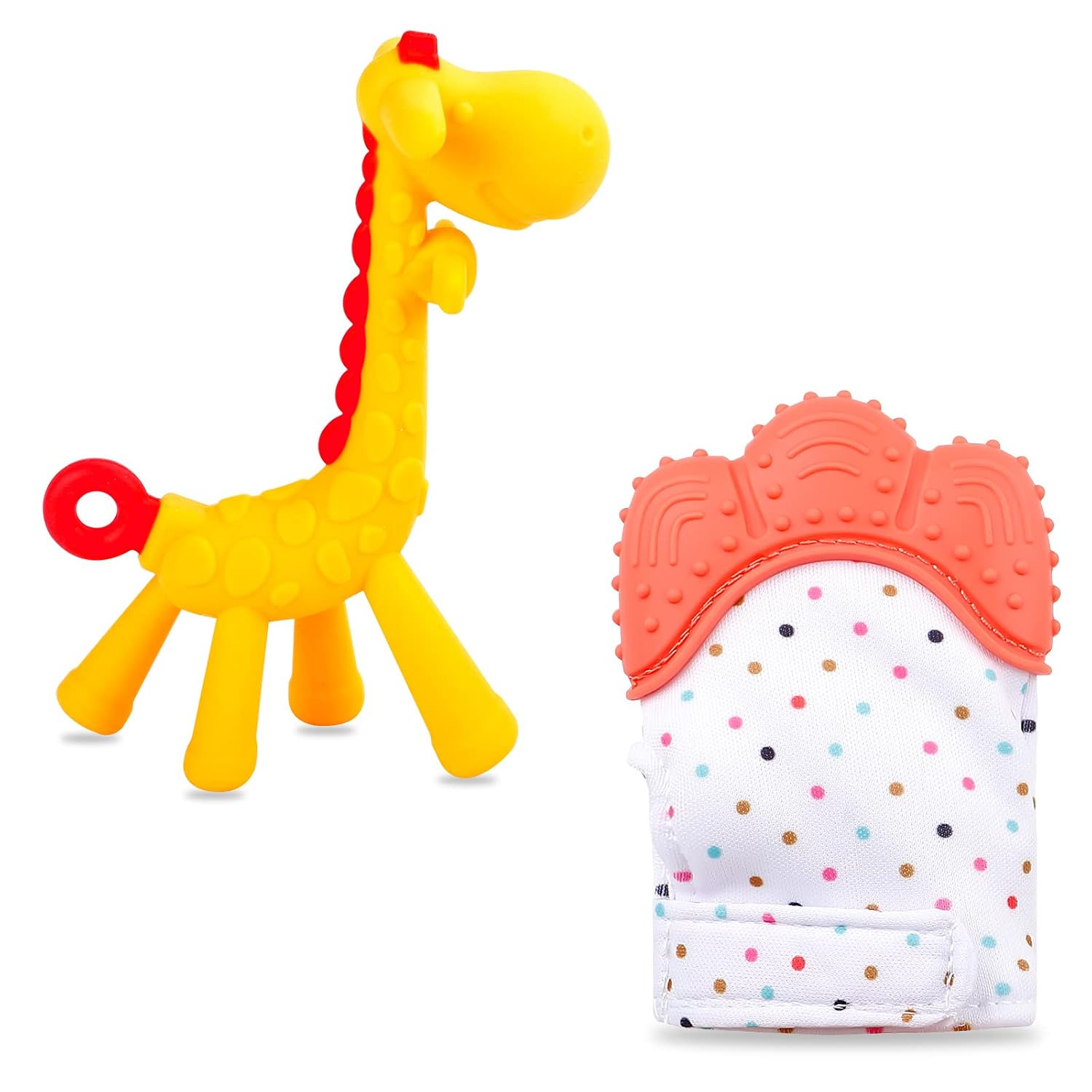 Baby Teething Toys for 0-6 Month, Tinabless Giraffe Baby Chew Toy and Teething Mitten Set, Silicone Teethers for Babies 6-12 Months, Christmas Stocking Stuffers for Boys&Girls