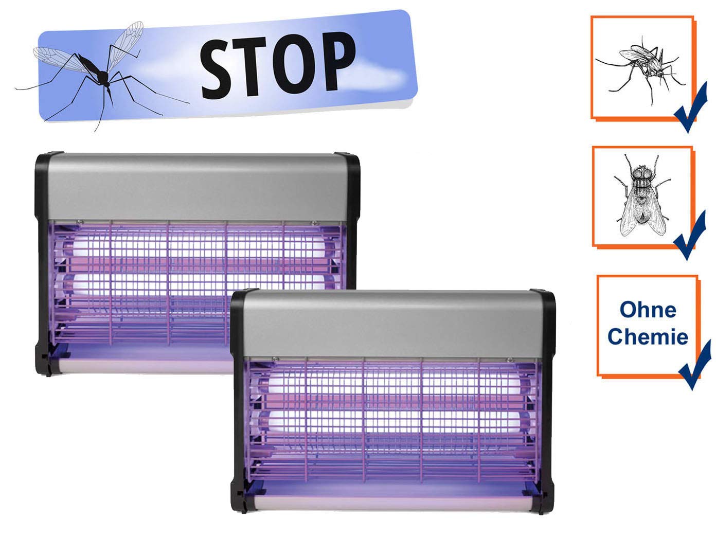 2er Set elektrische Stechmückenfallen Insektenvernichter mit UV Licht 2x 10W, Lampen für Räume jeweils 80m²