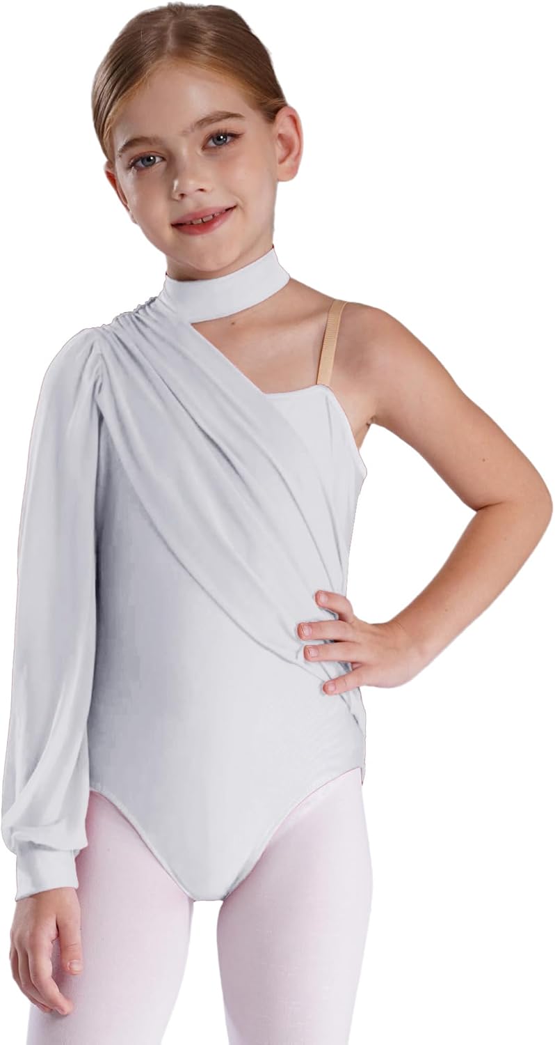 TiaoBug Kids Girls One Shoulder Long Sleeve Gymnastics Leotard Ballet Dance Bodysuit Jumpsuit Biketard Dancewear