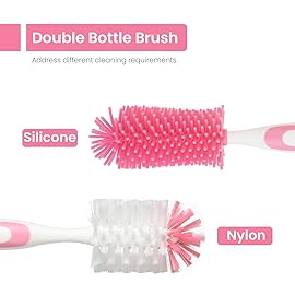 Ariseno 5-in-1 Baby Bottle Brush Set, Including Nylon and Silicone Bottle Brush, Cap, Straw, Nipple Brushes, BPA-Free (Pink)