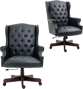 Executive Office Chair - Black Faux Leather Ergonomic Desk Chair with Wood Base, High Adjustable Tufted Wingback Chair, Comfy Luxury 360 Swivel Home Office Desk Chairs
