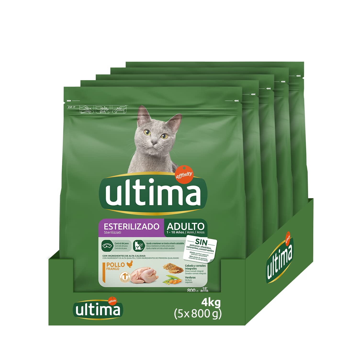 Ultima Esterilizado Adult Pollo, Comida seca para gatos, Pack de 5 x 800g, Total 4kg
