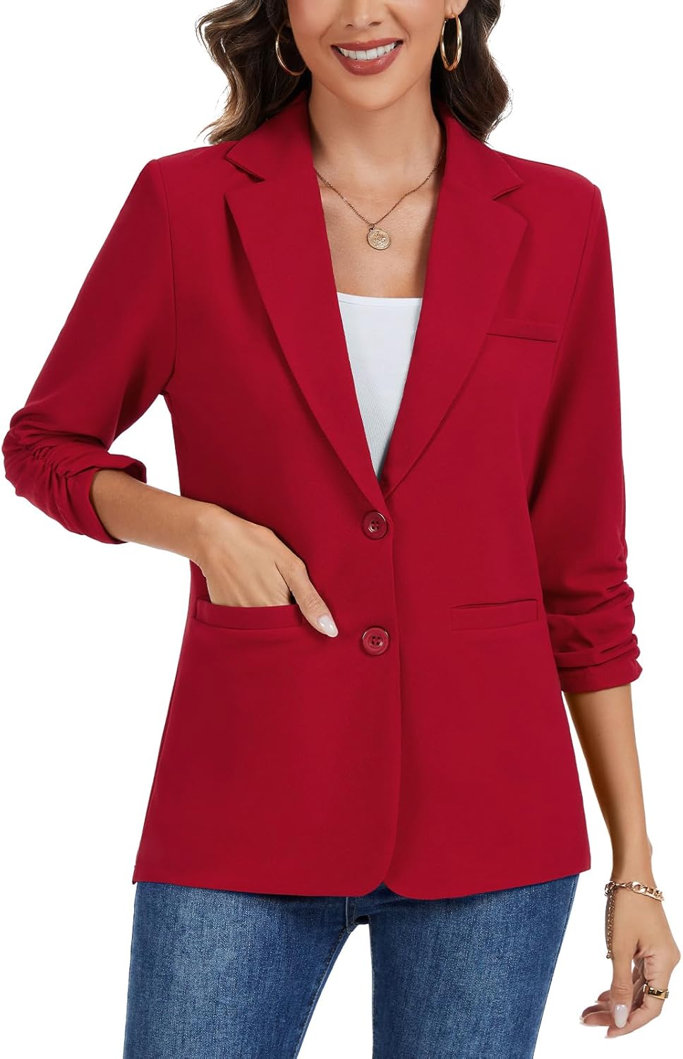 MINTLIMIT Ruched 3/4 Sleeve Blazer Jackets for Women Shoulder Pad Button Front Notch Lapel Casual Blazers with Pockets - Image 7