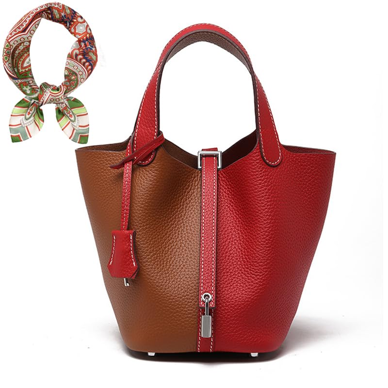 Women's Genuine Leather Bucket Bag Fashion Leather Handbag Lock Design Top-handle Purses Shoulder Handbag (Red&Brown)