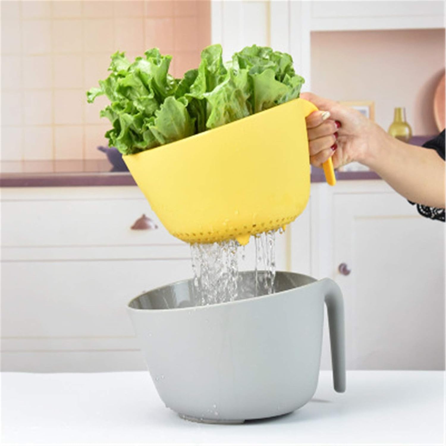 Kitchen Drain Basket Large Double-Layer Drain Basket Plastic Sink Vegetable and Fruit Storage Basket 2-Piece Set Easy to Clean (Color : Yellow Size : 21.5x14.5cm)