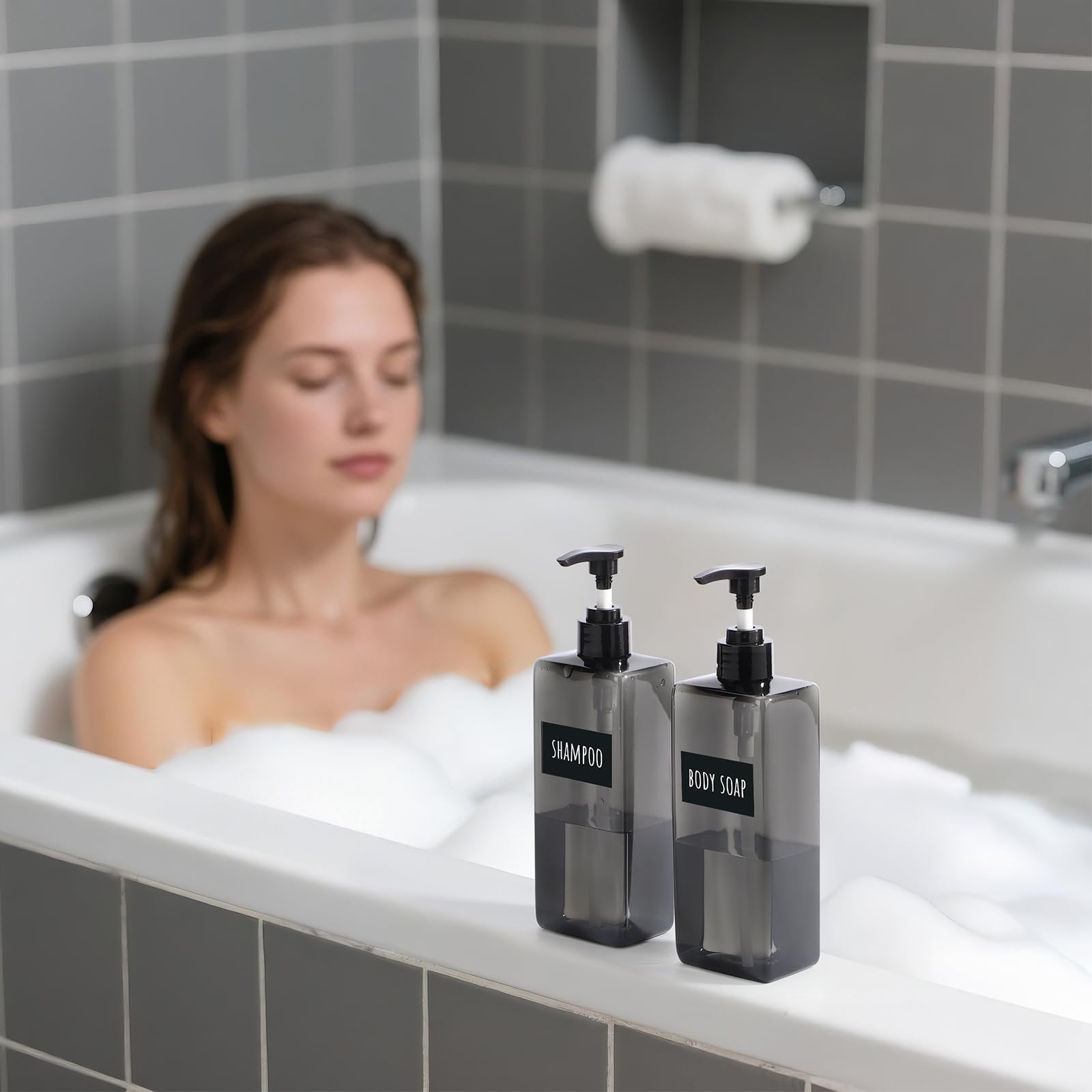Segbeauty Dispenser Sapone Bagno, 4 Pezzi 500ml Dispenser Bagnoschiuma Doccia, Bottiglie Vuote, Flacone con Adesivi per Bagno, Cucina, Hotel, Ristoranti (Grigio)