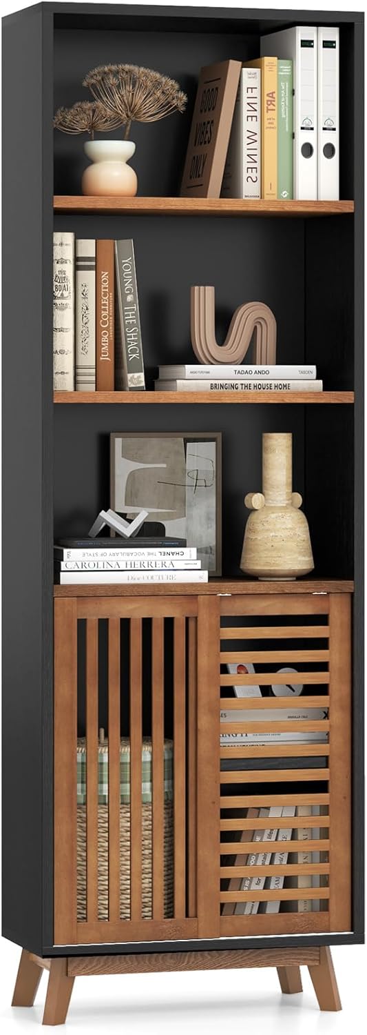 Giantex 70" Bookcase with Sliding Doors, 5-Tier Tall Bookshelf with Reversible Adjustable Shelf, Dual Anti-Tipping Devices, Wood Display Cabinet Organizer, Standing Storage Furniture for Living Room