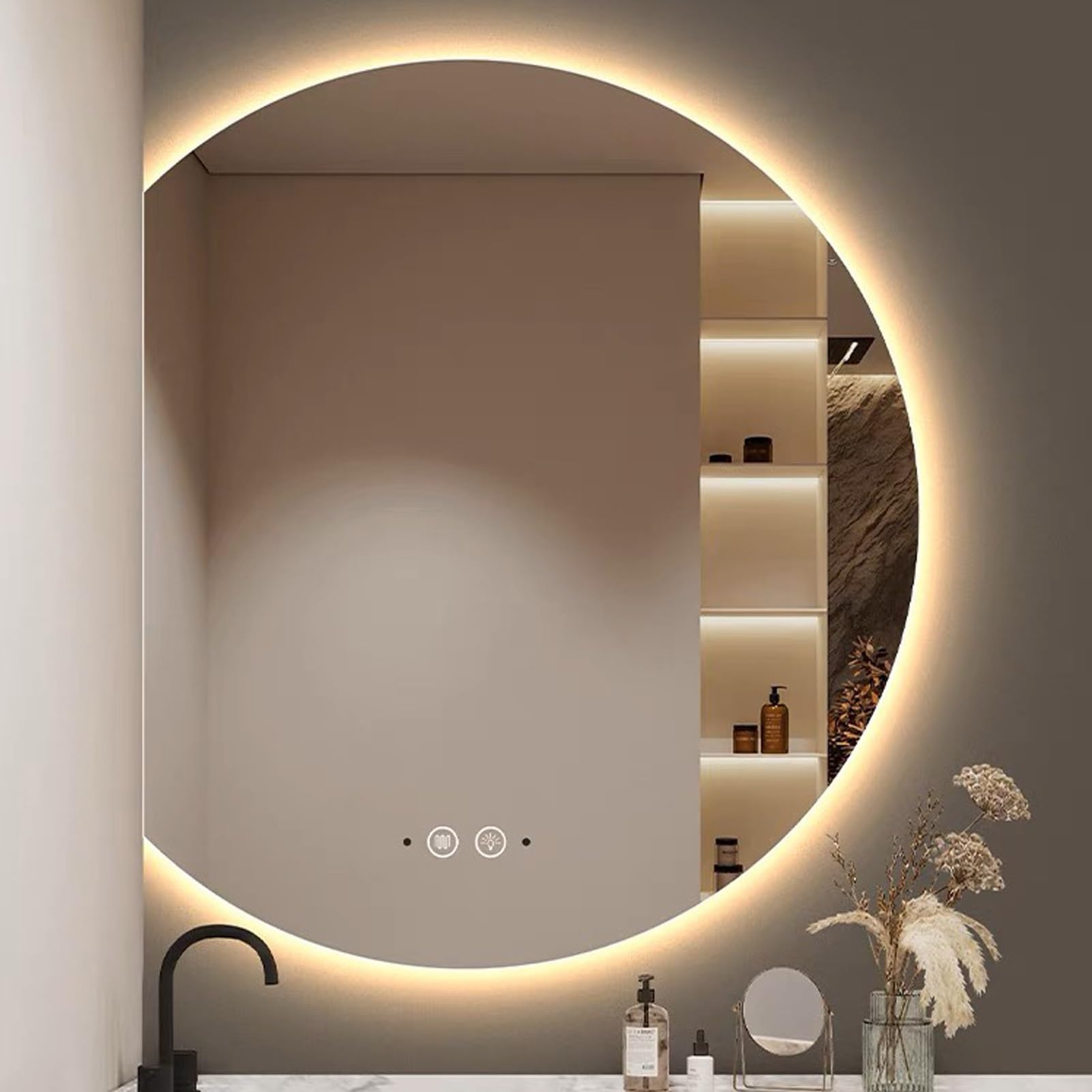 SXFSDOU LED Wall Mounted Vanity Mirror with Demister, Touch Sensor, and 31.9x35.4in Size - Illuminated Bathroom for Makeup, Shaving, Grooming