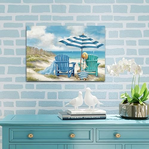 Laiart Blue Ocean Canvas Wall Art Decor Beach Chair Picture Prints，Relaxing Seascape Artwork #TOP5