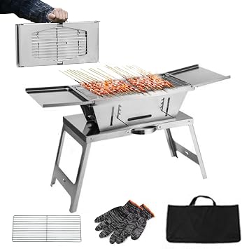 Portable Charcoal Grill Foldable Stainless Steel Tabletop BBQ Grill for Camping,Travel,Picnic,Backyard | 28.7in Large Griddle,2-Sec Setup,Windproof Design,15kg Load,Easy Clean Type-2 Heightened