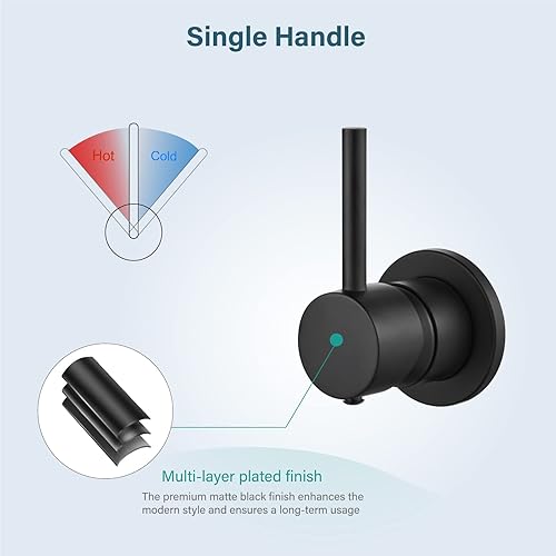 Miniatura 4 de Aolemi Grifos de bañera de montaje en pared para baño, grifo de baño de pared de fregadero de una sola manija, negro mate con válvula de latón