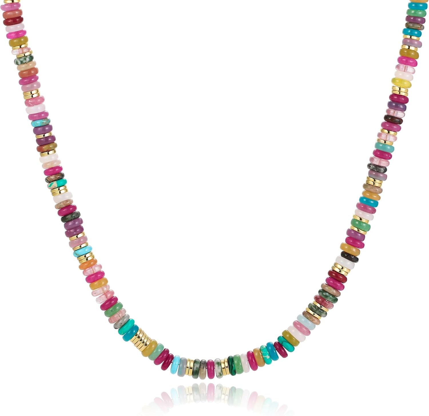 Flyonce Colorful Beaded Necklace for Women, Boho Rainbow Natural Stone Handmade Bead Choker Necklaces Summer Beach Surfer Jewlery Gifts