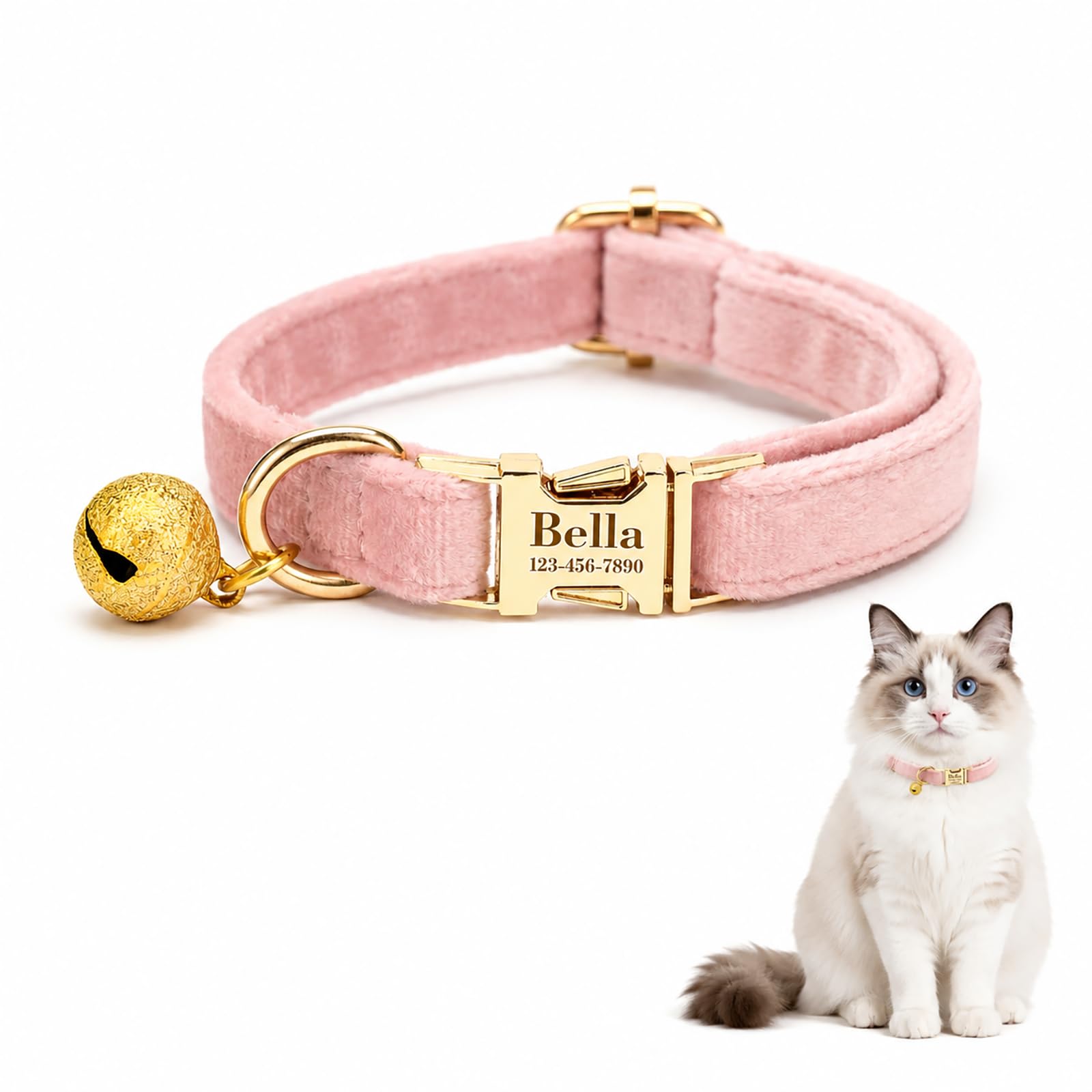 Custom Cat Collar with Bells Personalized Small Cat Collar Engraved Name &amp; Phone Number with Secure Metal Quick-Release Buckle Adjustable (Light Pink)