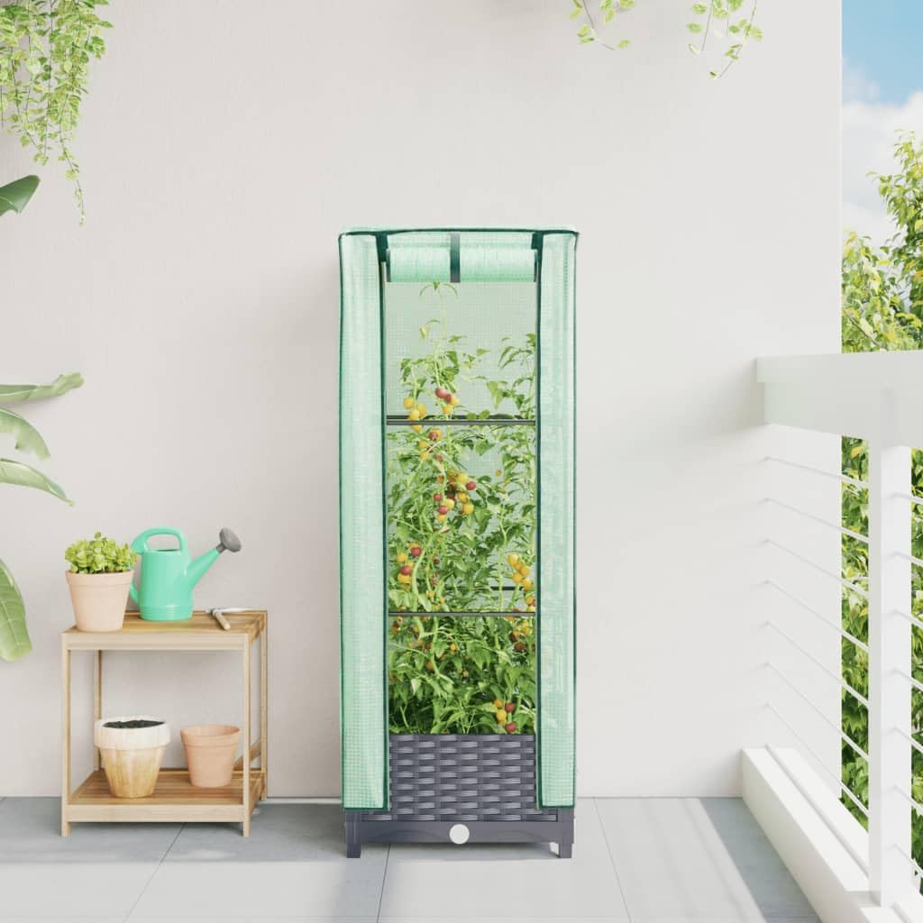 Homgoday Hochbeet mit Gewächshaus-Aufsatz Pflanzkasten Gemüsebeet Blumenbeet Blumenkasten Gartenbeet Pflanzbeet Frühbeet für Balkon Garten Terrasse Rattan-Optik 40x40x123 cm Dunkelgrau