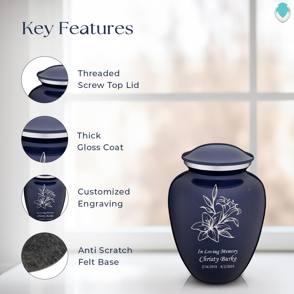 Geturns Embrace Small Personalized Lily Cremation Urns for Human Ashes I Cobalt Blue Funeral Urn for Women and Men I Holds up to 44 Cubic Inches