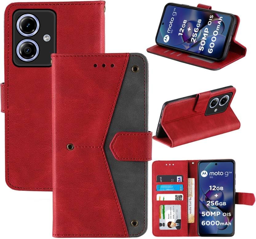 Image of Flip Cover Compatible for Moto G54 5G | Motorola G54 5G | PAYW0007IN | PAYW0004IN | PAYW0002IN | PAYW0008IN Back Cover Soft Silicon TPU Flip Cover Executive Executive Red, Magnetic Closure
