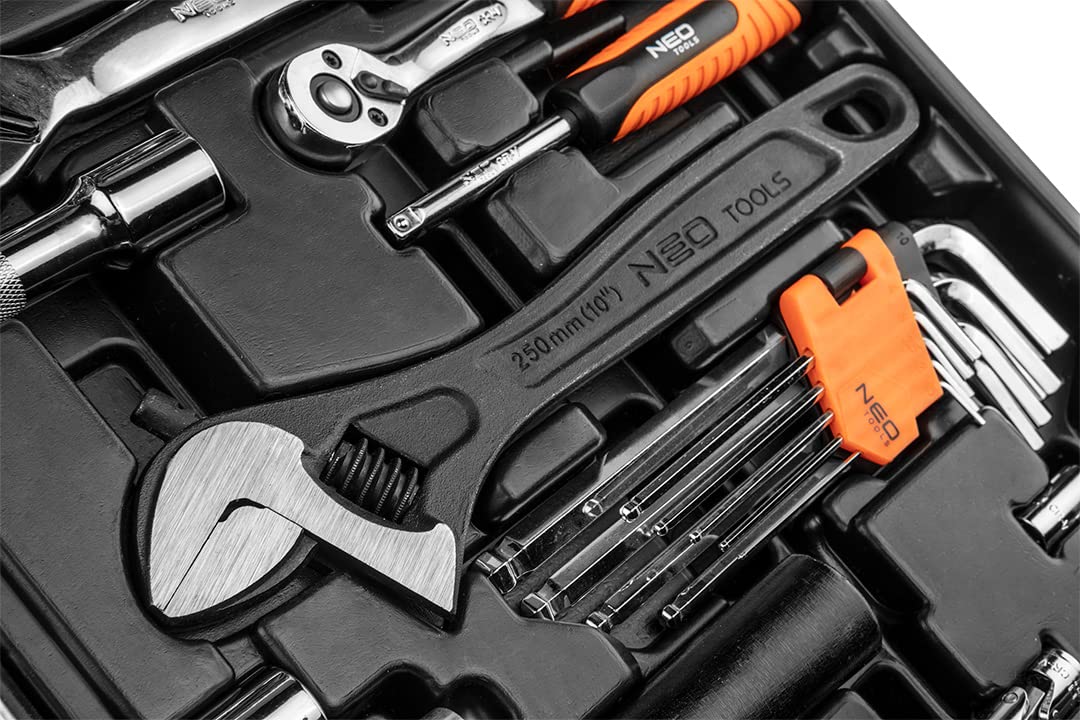 NEO TOOLS Zestaw narzędzi 143 sztuk, stal CRV, stal narzędziowa, do prac mechanicznych, elektrycznych, sanitarnych i domowych, stabilna walizka z metalowymi klamrami
