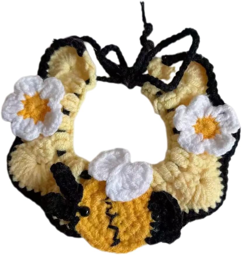 Handmade Crochet Pet Bandana, Bumble Bee Design with Daisy Flowers, Yellow and Black, XS Size for Small Pets