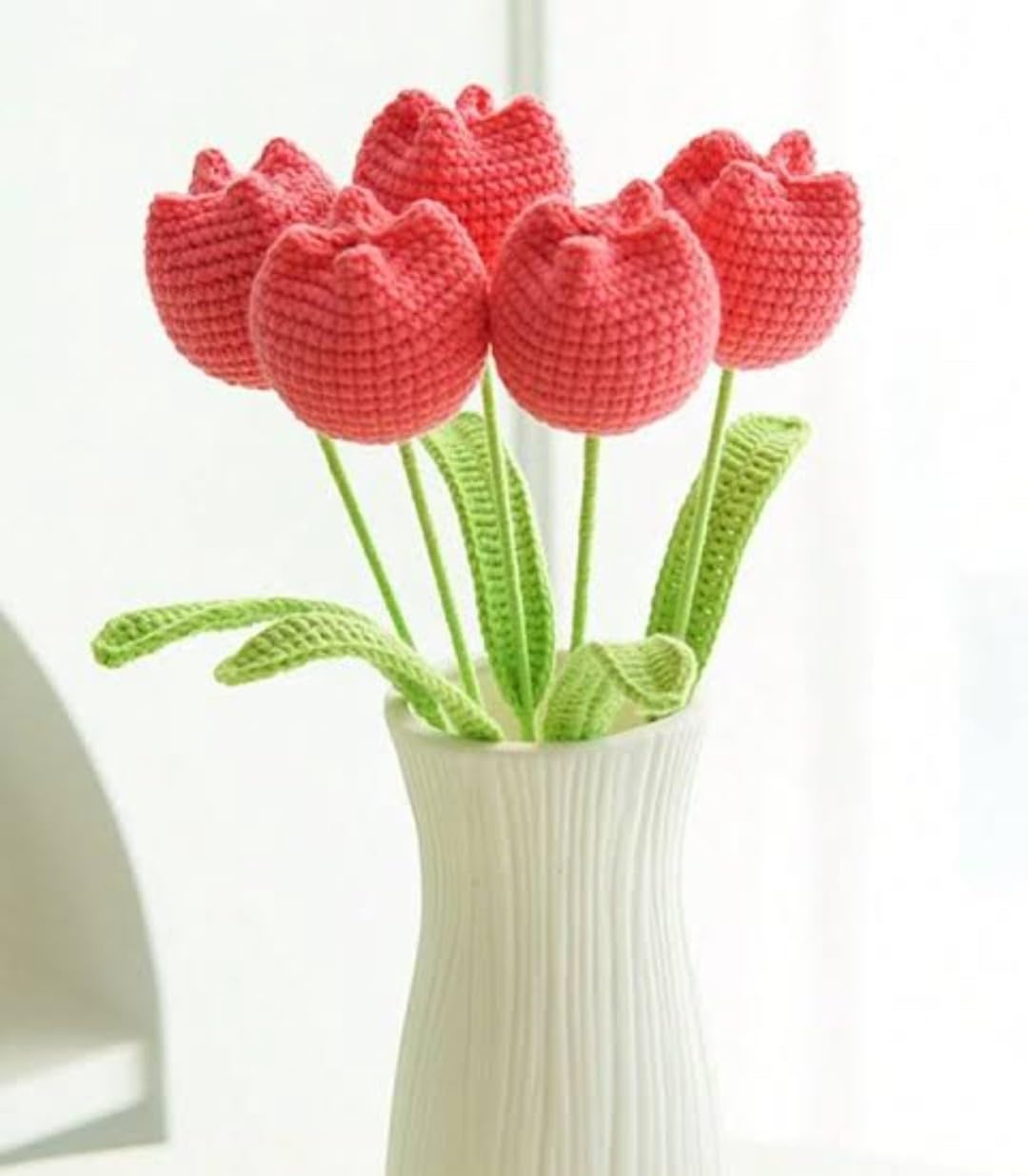 VRB Dec 1 Pcs Crochet Sunflower Decor, Flowers, Gift, Knitted Fake Tulip With Stem, Handmade Bouquet for Decor (Red Tulip Flower Stick - 1 Pcs)