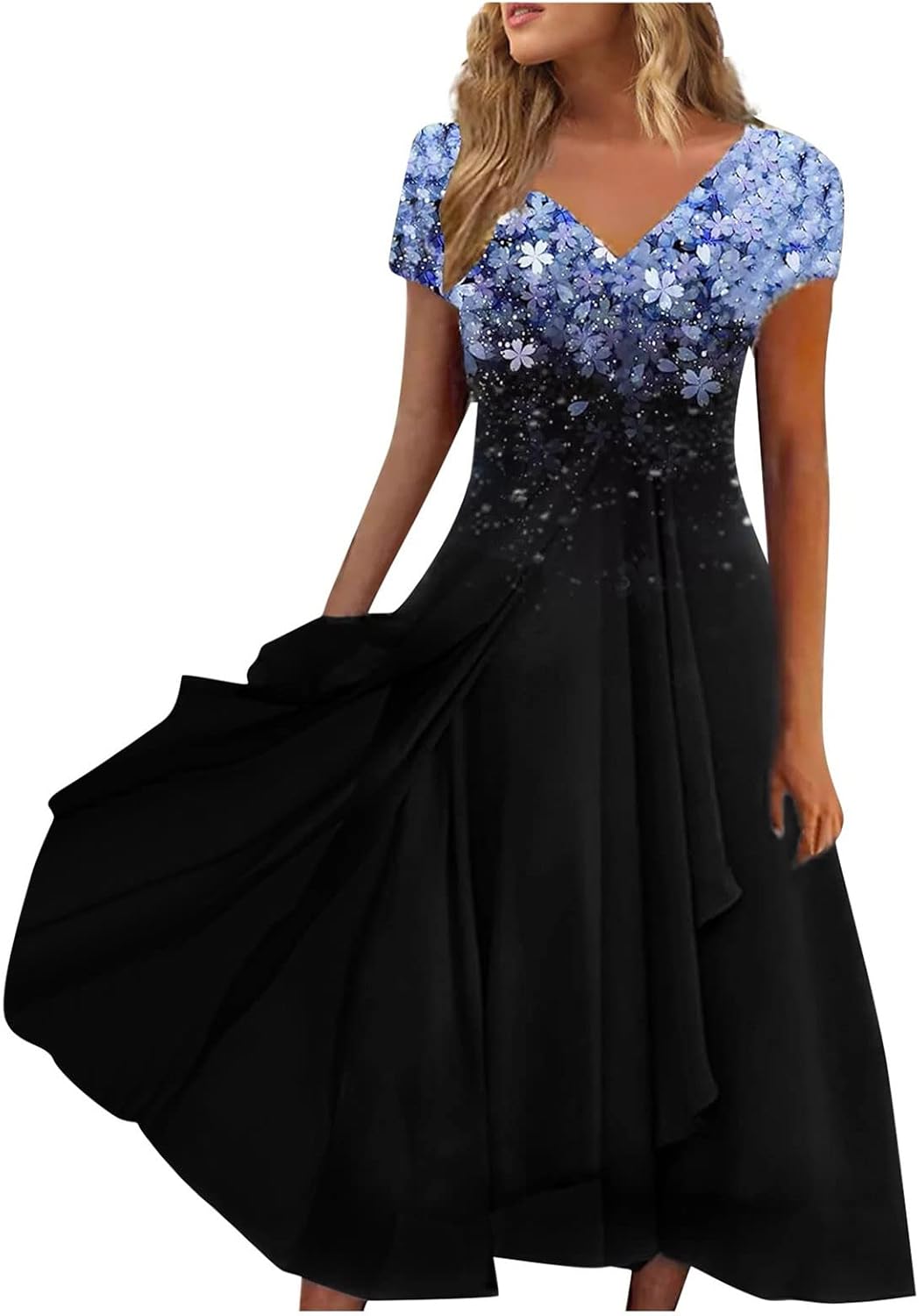 Cocktailkleid Damen Mit V-Ausschnitt - Blumen Bedruckt Ärmellos Mit Hoher Taille