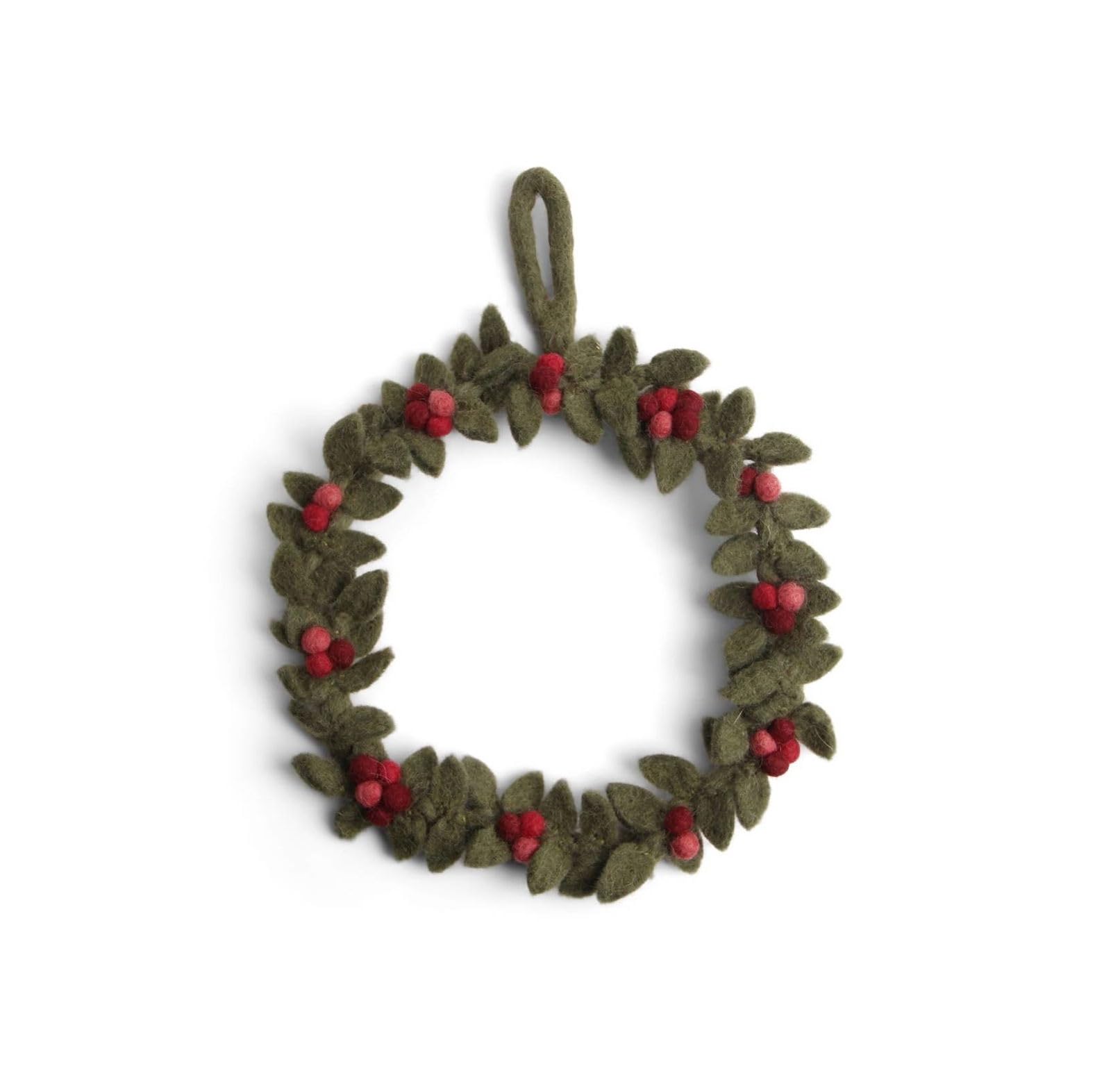 Én Gry & Sif Women's Green,Red Wreath, Handmade & Fair Trade Felt Wreath, Scandinavian Christmas Decoration, Dark Green With Red Berries, Diameter 18 Cm