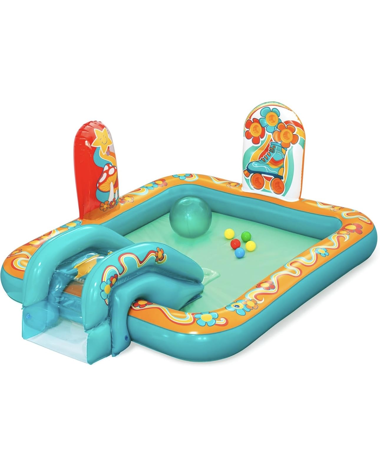 Richtots Premium Retro World Water Play Centre 193 x 152 x 74 cm Ages 2+ with Water Sprinkler, Slide, Play Wall, Water Polo, 5 Play Balls, PVC, Retro Design