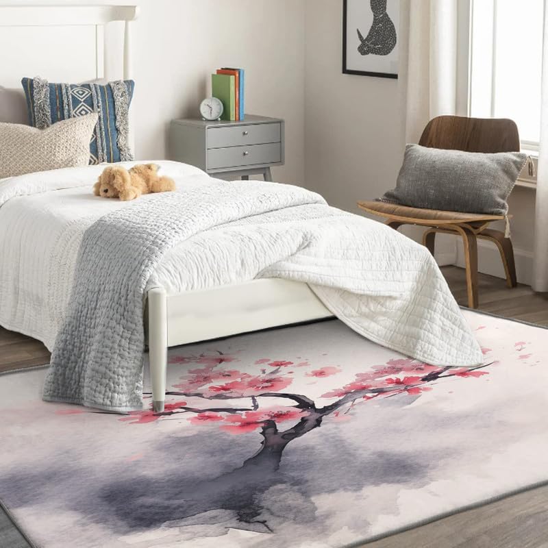 Miniatura 9 de Alfombras lavables para sala de estar, dormitorio, alfombra en flor de cerezo y decoración del hogar, alfombra de área rosa Sakura de 6 x 9 pies,