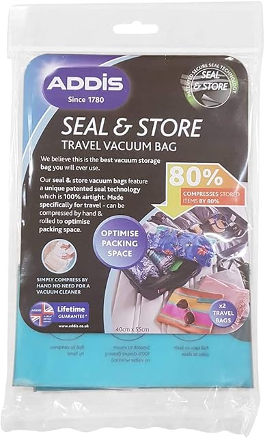 Addis 518134 Home Vacuum Storage Bags with 100% air-Tight Static Seal & Store Travel Twin Pack Set, Clear, 40 x 55cm