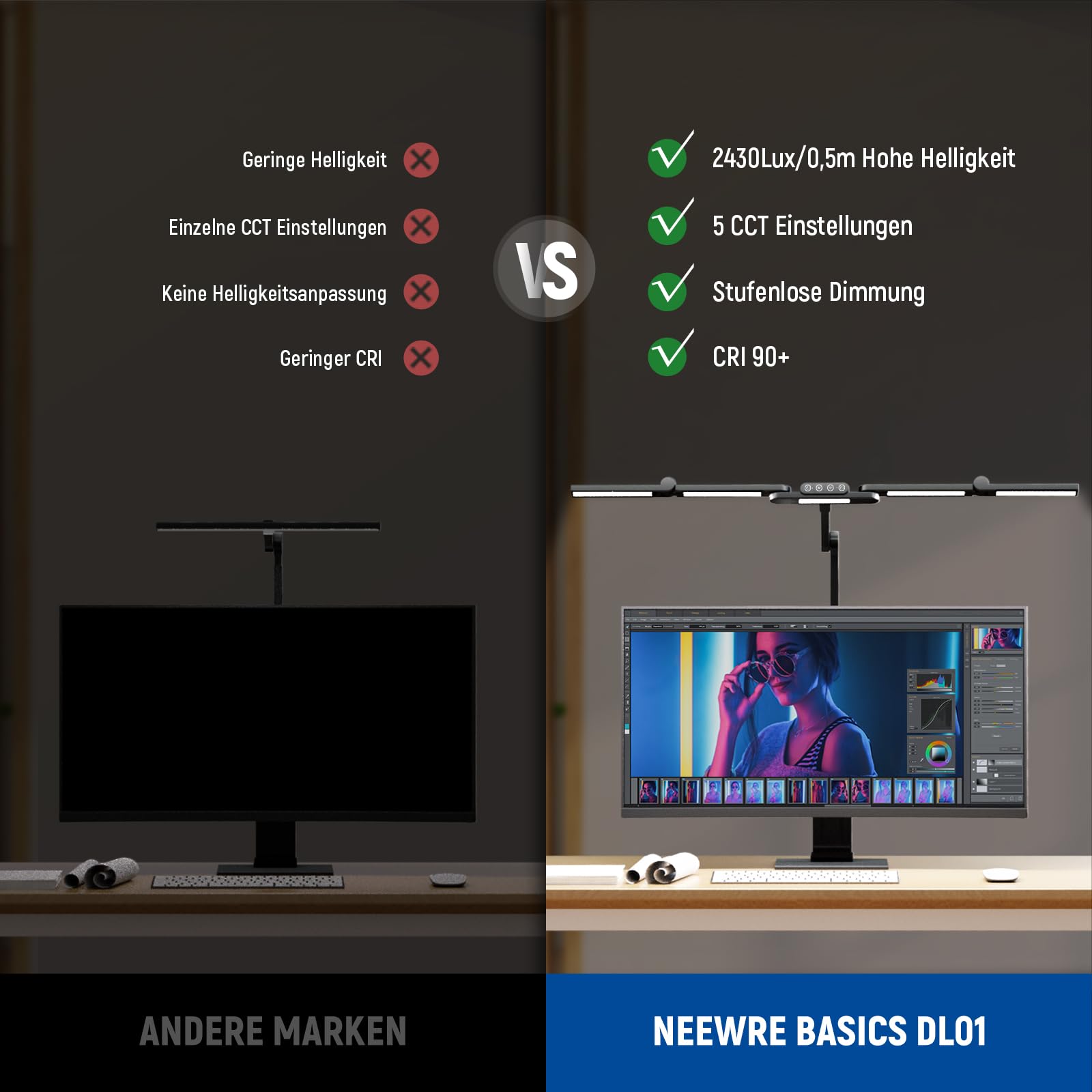 NEEWER Basics 32,5" Clip On LED Tischleuchte zum Aufstecken für das Homeoffice, 23W dimmbare LED Architektenlampe mit Tischklemme, 5 Lichtleisten, Computer Zeichnungs und Videokonferenz, DL01