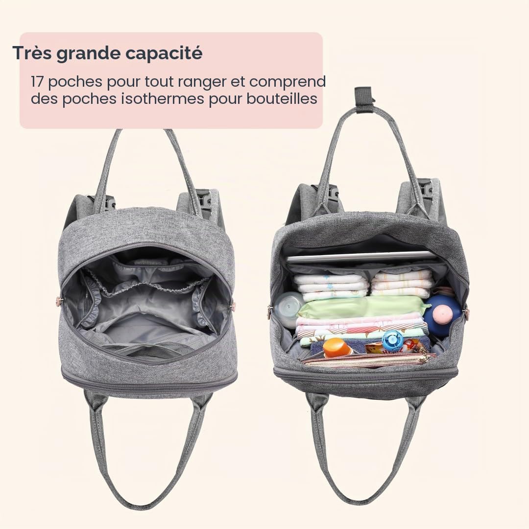BabbleRoo Sac à Langer Bébé, Sac à Dos à Langer Grande Capacité Déperlant – 17 Poches, Tapis à Langer, Étui à Sucette Amovible, Sangles Poussette, Sac de Voyage Unisexe