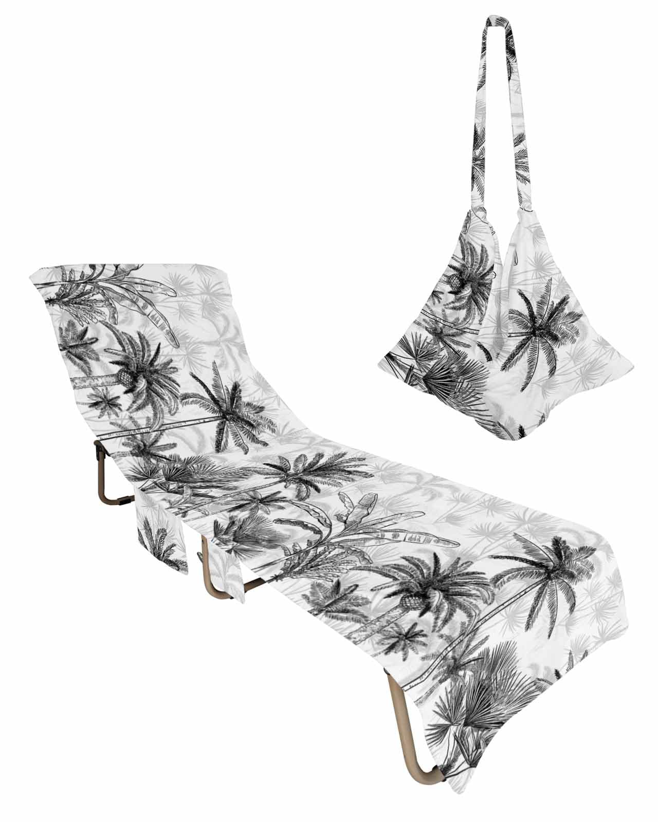 Black Palm Tree Beach Chair Towel Covers for Chaise Lounge With Side Pocket, Soft Plush Pool Towels Cover for Patio Sunbathing Outdoor Tropical Summer Banana Leaf Forest Beach 29''x85''