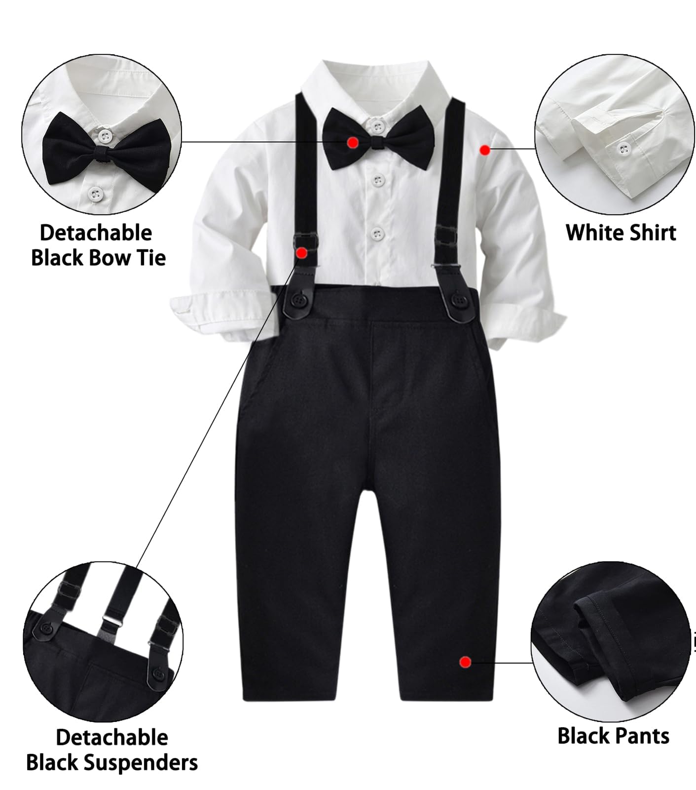 SANGTREE Baby Boy Gentleman Long Sleeves Suit Sets with Pocket White Black 2-3T