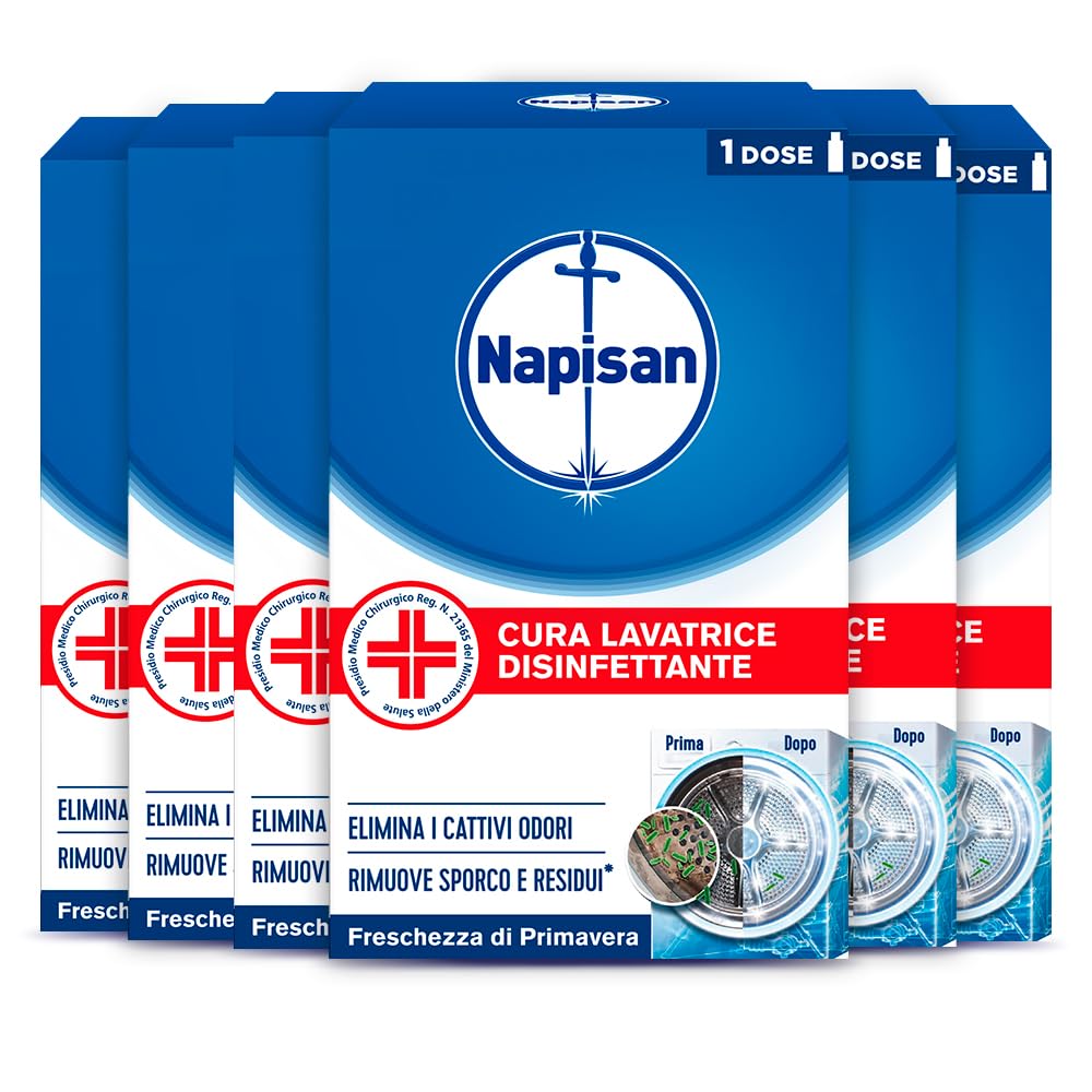 Napisan Cura Lavatrice Disinfettante Freschezza di Primavera, Elimina i Cattivi Odori, Rimuove Sporco e Residui di Sapone, 6 Confezione da 250ml