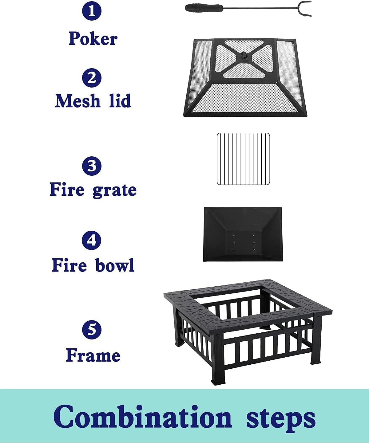 Fire Pit 32in Square Metal Firepit Patio BBQ Fireplace with Charcoal Rack Mesh Cover Poker for Camping Bonfire Picnic Outdoor Heating