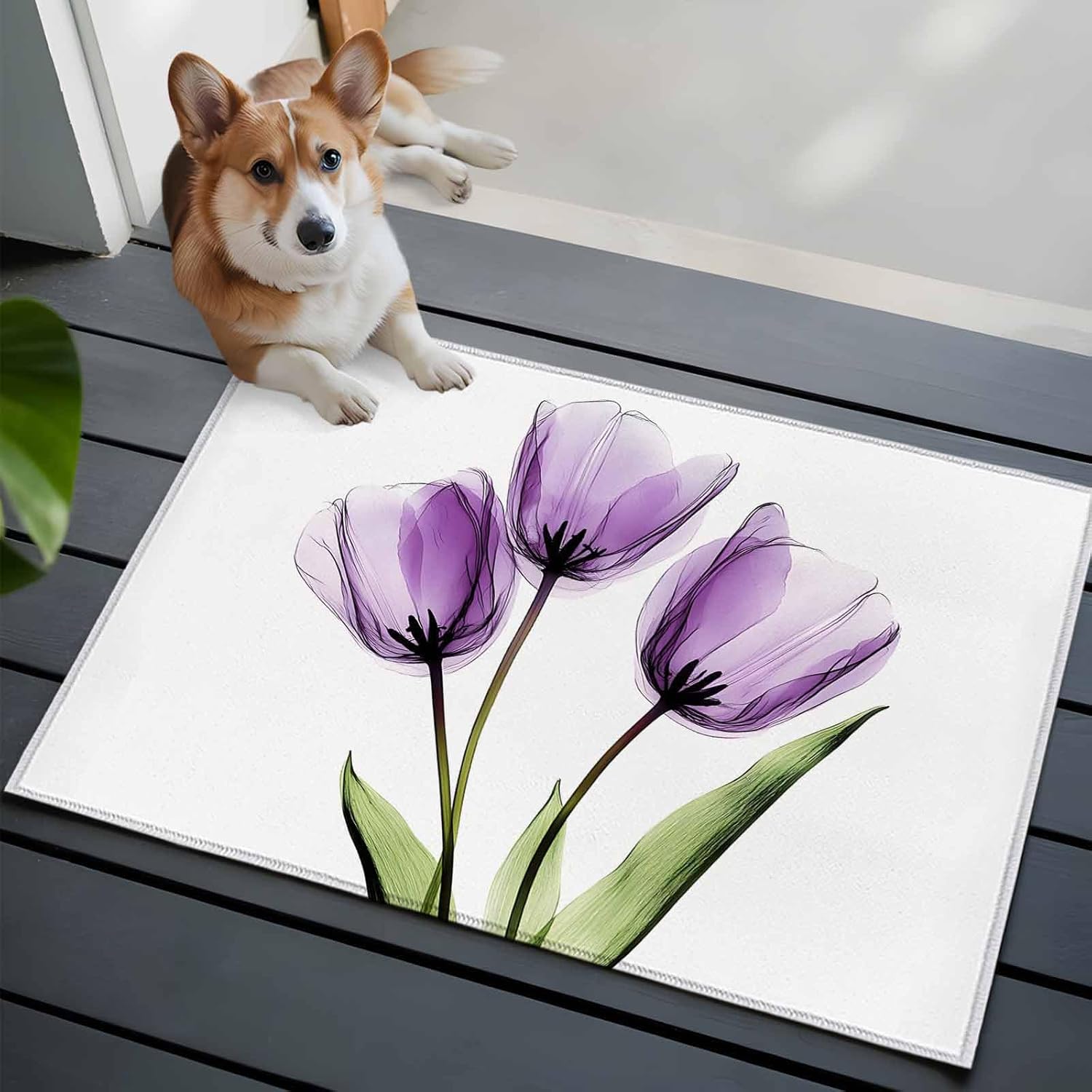 Purple Tulip Bathroom Mat 2x3 FT, Small Kitchen Mat, Aesthetic Pastoral Flower Floral Spring Washable Backed Front Door Throw Rug Non-Shedding Indoor Outdoor Doormat for Entryway Sink