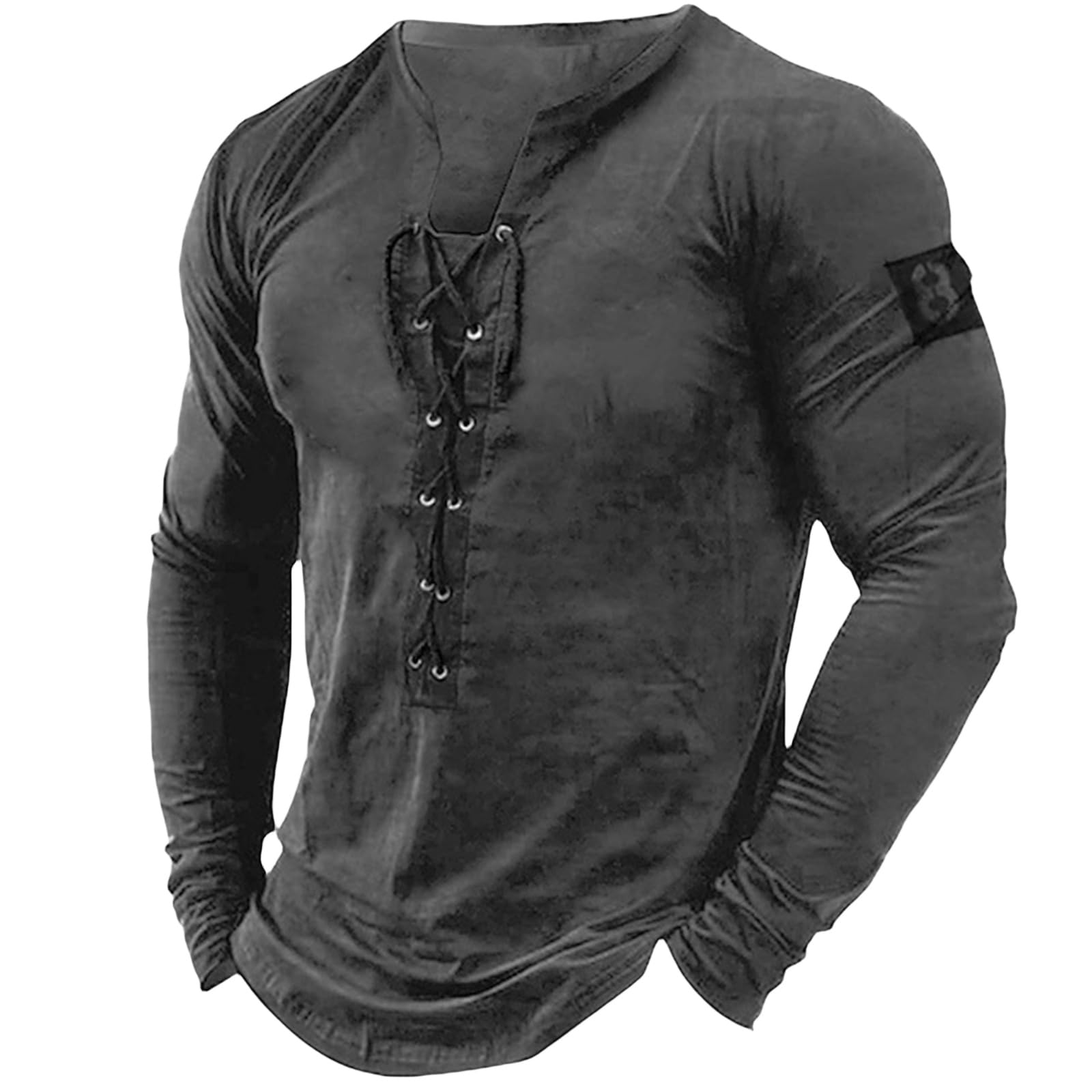 Mens Henley Shirts Vintage Long Sleeve Lace Up Pullover Solid Casual Slim Fit Muscle T-Shirt Beach Tactical Basic Tops