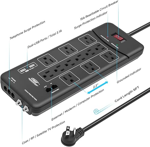 Miniatura 6 de CRST Regleta de protección contra sobretensiones (4050J) con enchufe plano y 2 USB (3.1 A), protección RJ11 para telmódemcoaxial, disyuntor de 15 A