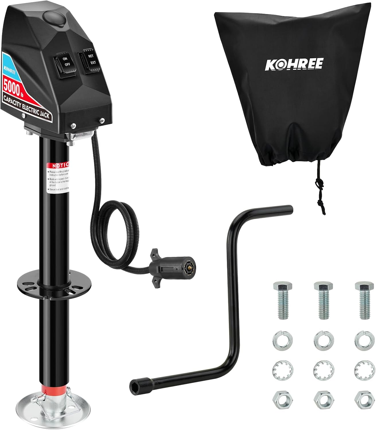 Kohree Electric Trailer Jack 5000 lbs with 7-Way Connector, Heavy Duty RV Electric Tongue Jack for Travel Trailer A-Frame Camper, with Manual Crank Handle & Weatherproof Jack Cover, 22" Lift, 12V DC