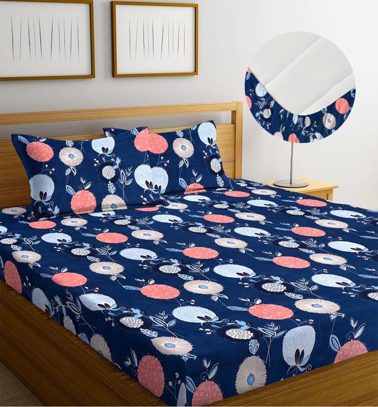 Image of la'amour 100% Cotton Elastic Fitted Bedsheets with 2 King Size Pillow Covers Double Bed with All Around Elastic Supersoft Size - 72 King Sizex78+10 inches Blue and Pink 200 tc - 220 tc
