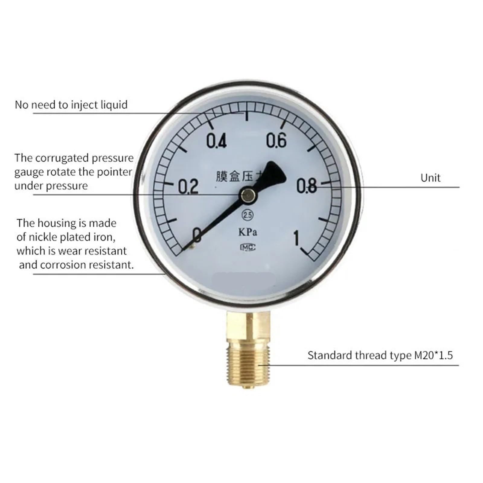 Manómetro de presión de vacío manómetro de agua Manómetro de presión de diafragma de aire de 0-30 KPA Manómetro de presión de caja de película de bronce fosforoso Medidor de presión positiva(0 1kpa)